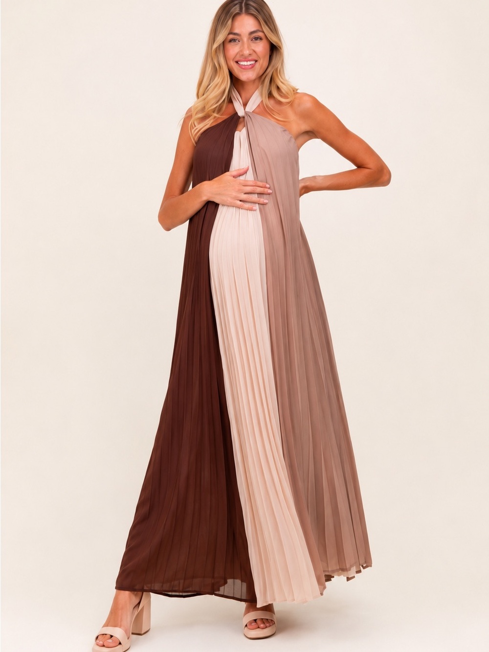 Pinkblush Colorblock Pleated Maxi Dress in Brown, Beige, Khaki - Small